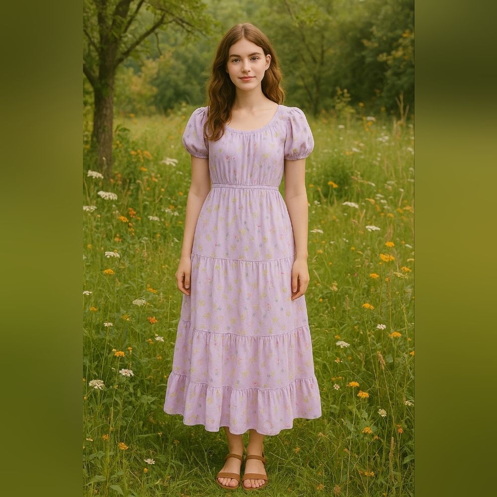 Lavender Puff-Sleeve Tiered Maxi Dress - Brand: